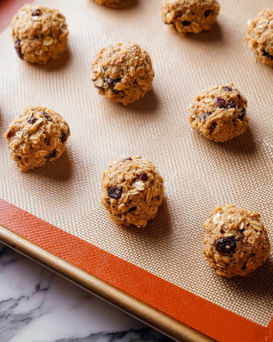 Several round cookie dough balls are placed evenly on a baking tray lined with a beige silicone baking mat that has an orange edge. Each dough ball is light brown with visible dark raisins and oat flakes mixed in, giving them a rough texture. The tray is on a white marbled surface. Photo taken with an iphone --ar 4:5 --v 7