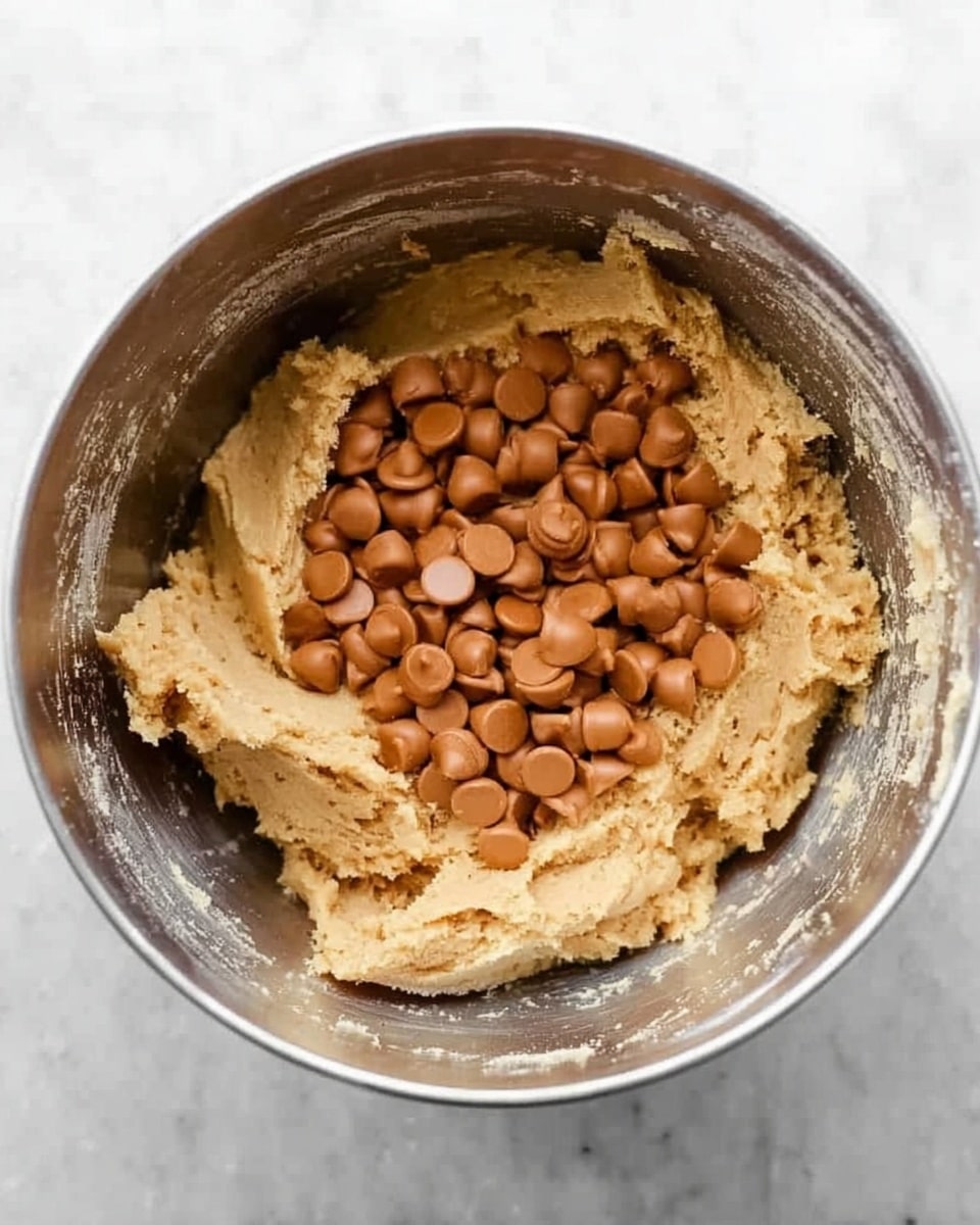 A close-up top view of a metal mixing bowl filled with light brown cookie dough. The dough has a soft and creamy texture with some chunks around the edges. On top of the dough, there are many smooth, shiny, orange-brown chips scattered in the center. The bowl sits on a white marbled surface. Photo taken with an iphone --ar 4:5 --v 7