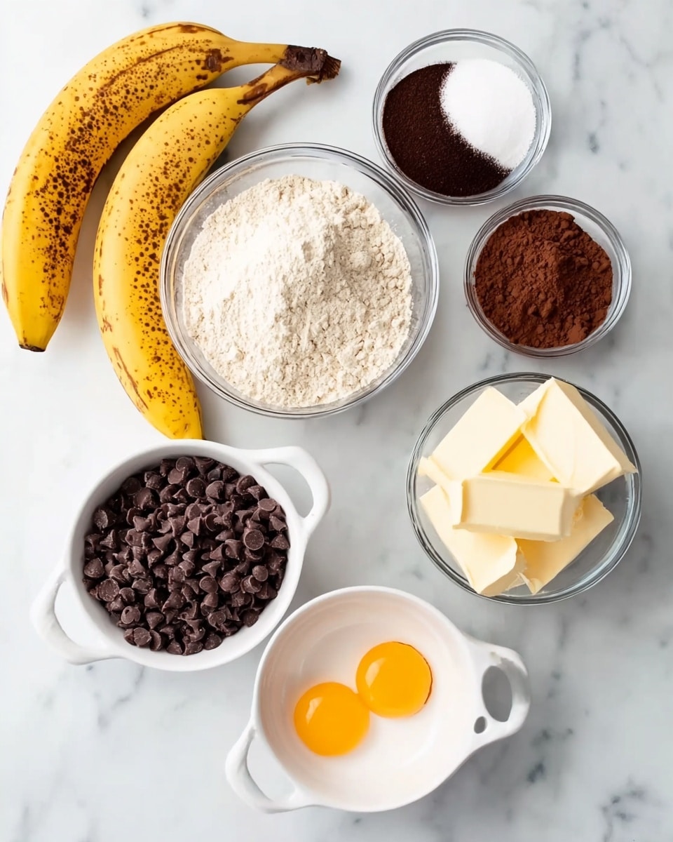 The image shows ingredients for baking arranged on a white marbled surface. In the center, a clear glass bowl holds three separate piles of dry ingredients: off-white flour, dark brown cocoa powder, and a small patch of white sugar. To the left of the bowl are two ripe bananas with brown spots on their yellow skins. Below the bananas, there are two white measuring cups filled with dark chocolate chips, one larger than the other. Toward the bottom center, a small white bowl holds two raw eggs with bright yellow yolks. To the right, a large clear bowl contains white granulated sugar, and behind that is a small white bowl with several small rectangular slices of butter. photo taken with an iphone --ar 4:5 --v 7