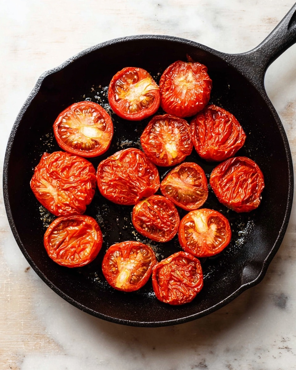 The image shows a black cast iron pan with thirteen red tomatoes inside, placed on a white marbled surface. The tomatoes are halved and roasted, with six showing their soft, juicy inner parts, pale orange and white in texture, while seven are whole with wrinkled, shiny red skin. The tomatoes are spread evenly across the pan's flat circular base, with the pan's handle extending to the upper right. The lighting highlights the fresh, slightly cooked look of the tomatoes and the rough texture of the pan. photo taken with an iphone --ar 4:5 --v 7