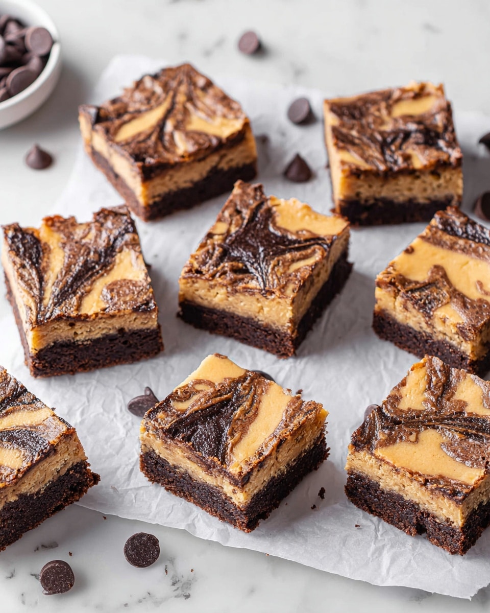 Nine square dessert bars are arranged on white parchment paper over a white marbled surface. Each bar has two layers: the bottom layer is a dark brown, dense chocolate base, and the top layer is a lighter tan-colored layer with swirls of dark chocolate embedded within it, creating a marbled effect. Scattered small chocolate chips surround the bars, adding extra texture to the scene. The bars vary slightly in shape but are mostly neat squares, showing a contrast between the rich dark chocolate and the creamy tan top layer. photo taken with an iphone --ar 4:5 --v 7