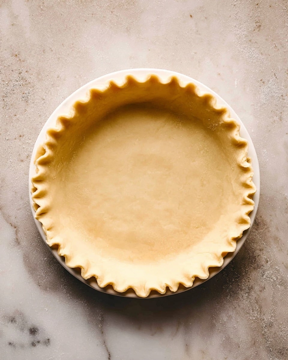 A single layer of smooth, light beige pie dough is fitted neatly into a white pie plate, with a crimped edge around the rim that creates a scalloped pattern. The dough surface is even and unbaked, showing slight texture marks and a matte finish. The pie plate sits on a white marbled surface that contrasts softly with the dough's warm tone. photo taken with an iphone --ar 4:5 --v 7
