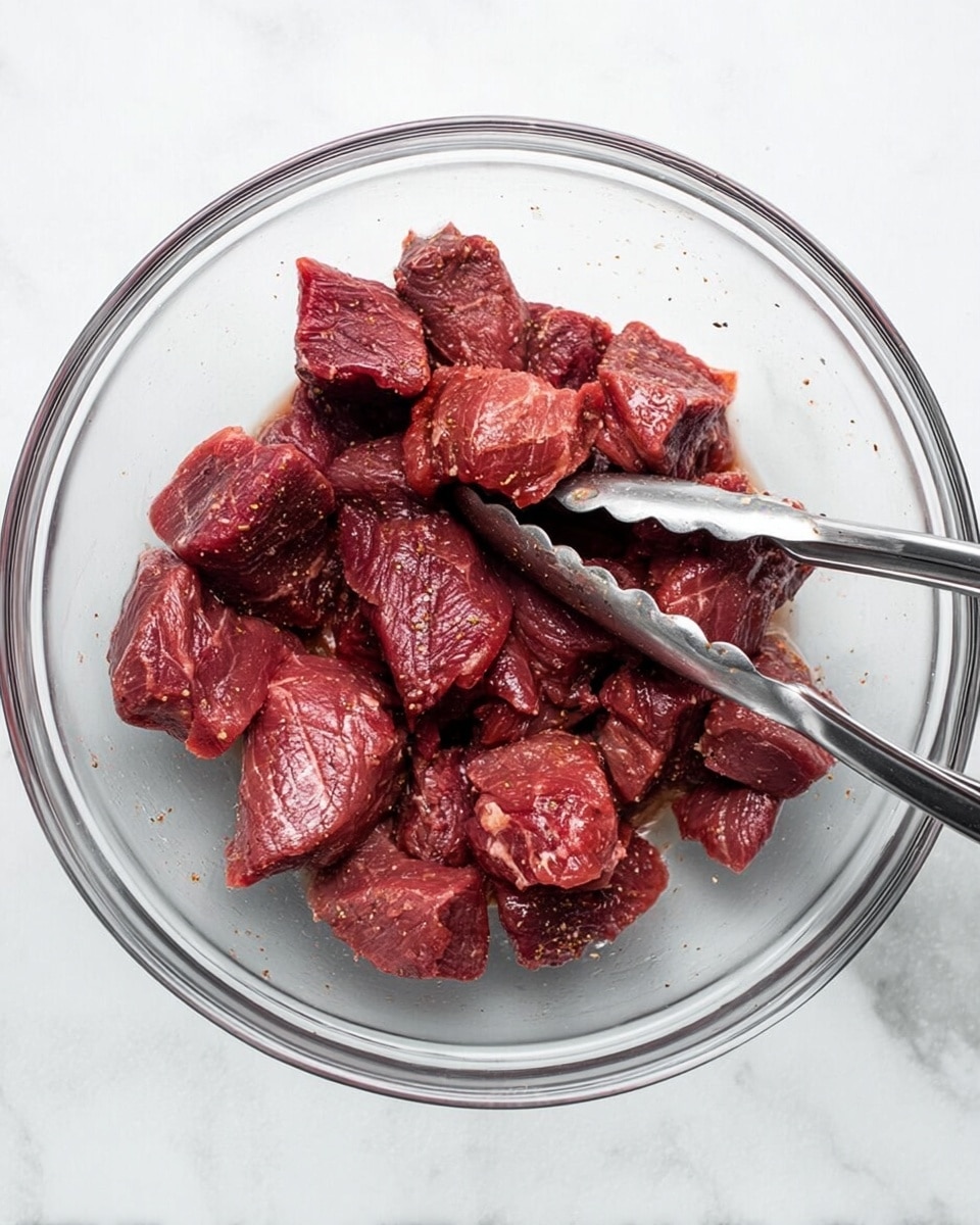 A clear glass bowl filled with about twenty pieces of dark red raw meat, each piece uneven and textured, showing some seasoning. Two silver metal tongs rest inside the bowl, partially opened and touching the meat. The bowl sits on a white marbled surface that adds subtle texture to the scene. The lighting highlights the moisture on the meat, making it look fresh and slightly shiny. photo taken with an iphone --ar 4:5 --v 7