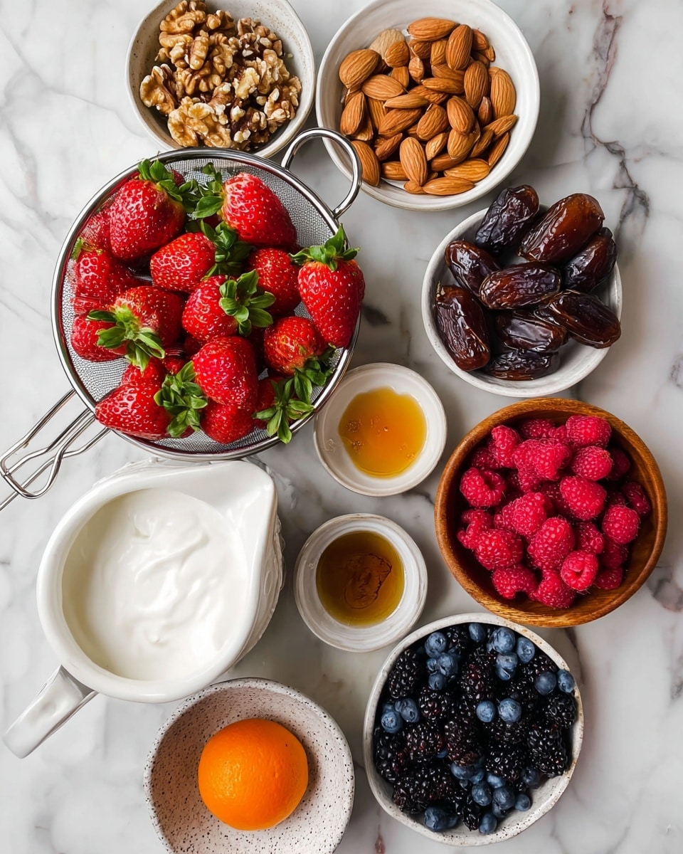 The image shows a collection of fresh ingredients arranged on a white marbled surface, with a metal strainer near the center filled with bright red strawberries with green leaves. Surrounding the strainer are bowls each holding different items: a bowl of light brown walnuts at the top left, a bowl of whole almonds at the top center, and a white bowl filled with dark brown dates to the right. Below these, there is a wooden bowl with deep blue blueberries to the right, a speckled white bowl holding vibrant red raspberries below the strawberries, and a dark bowl filled with blackberries near the bottom right. At the bottom left, there is a white pitcher with thick white yogurt, an orange placed near the middle bottom, and two small white bowls holding golden honey and a dark liquid. All items sit neatly on the smooth white marbled surface. photo taken with an iphone --ar 4:5 --v 7