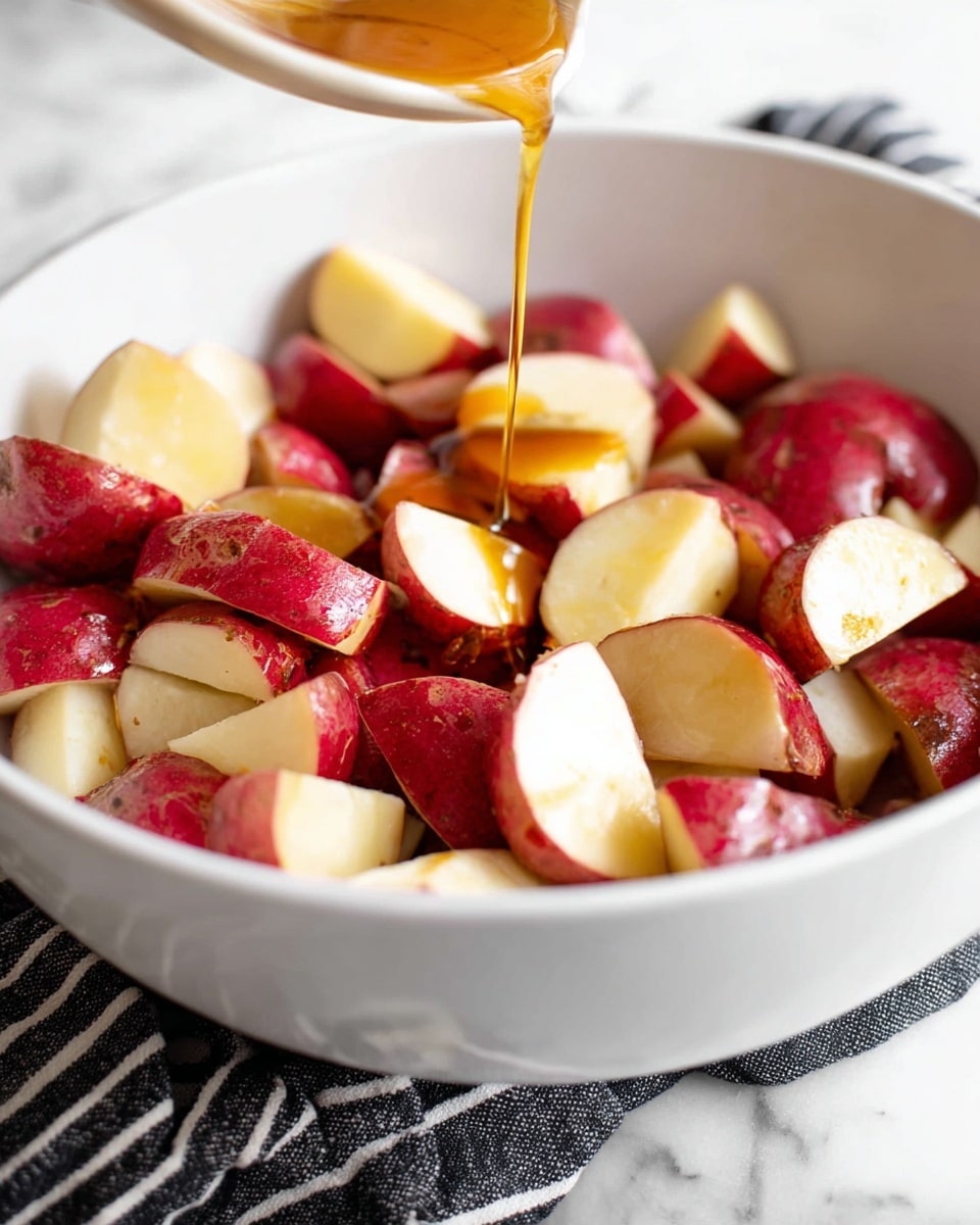 A white bowl is filled with many pieces of red-skinned potatoes cut into medium chunks, showing pale yellow insides and rough red skin on the outside. From the top, a thin stream of golden brown liquid is being poured onto the potatoes, adding shine to their smooth, moist surfaces. The bowl sits on a black and white striped cloth, all placed on a white marbled surface. photo taken with an iphone --ar 4:5 --v 7
