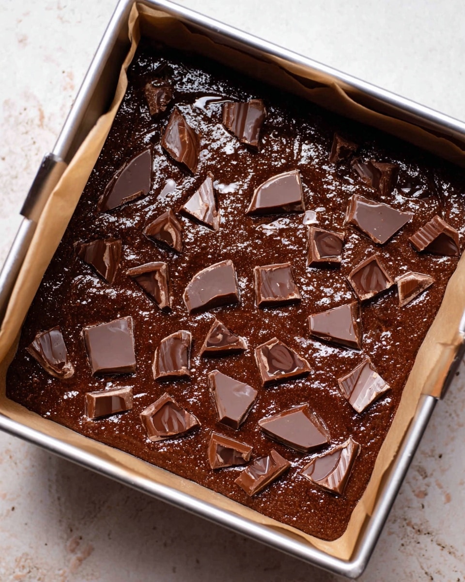 A metal baking tray lined with parchment paper holds a thick, dark brown chocolate batter spread evenly to fill the tray. The surface of the batter is shiny and wet, with scattered irregular pieces of milk chocolate varying in size and shape on top. The background is a white marbled texture. photo taken with an iphone --ar 4:5 --v 7