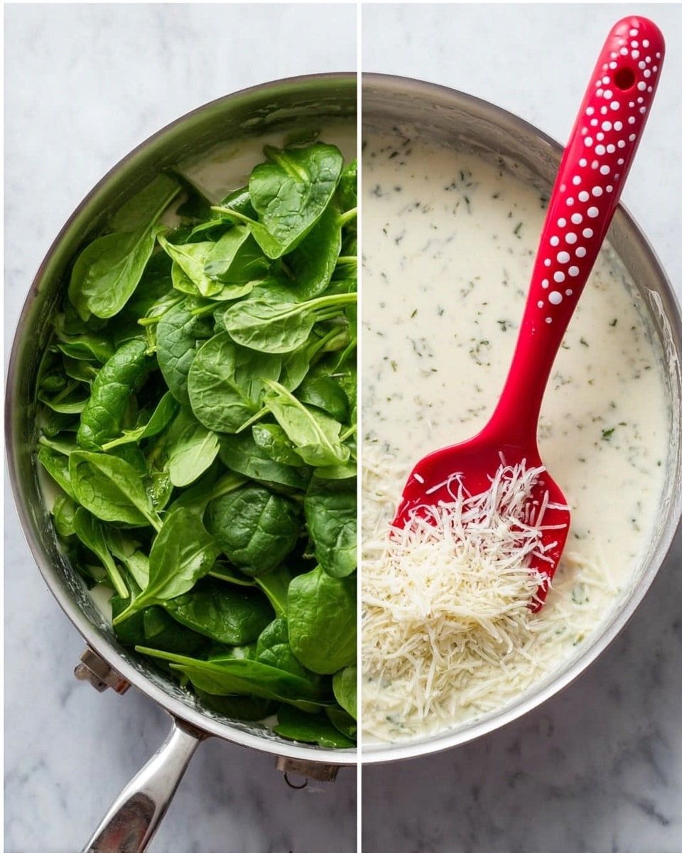 A metal pan with a creamy white sauce speckled with herbs fills the bottom. A bright red spatula with white dots stands upright in the sauce, partly covered in white grated cheese that lies on top as the first layer. In the next image, bright green fresh spinach leaves layer thickly on top of the creamy sauce, some leaves overlapping each other, with the same red spatula with white dots resting on the side of the pan. The background is a white marbled surface. Photo taken with an iphone --ar 4:5 --v 7
