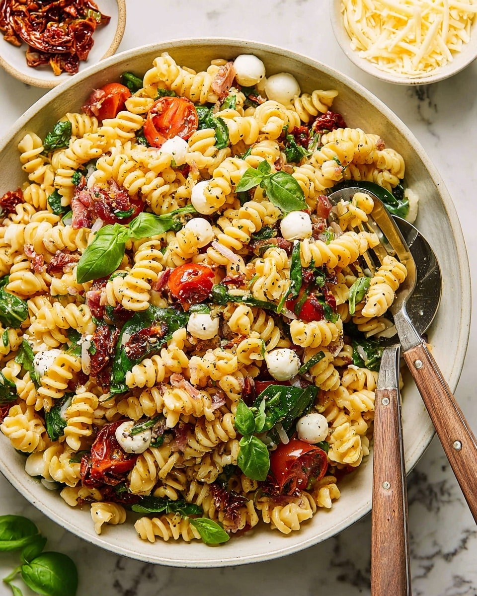 A large white bowl filled with three layers of curly pasta colored light yellow mixed with green spinach leaves and fresh basil leaves scattered throughout; among these, bright red cherry tomatoes and sun-dried tomatoes add vibrant splashes of color, small white cheese balls are evenly placed around the bowl, and small pieces of purple onion are mixed in between. The pasta is seasoned with herbs and black pepper visibly sprinkled on top. There is a fork and a spoon with wooden handles sticking out on the right side, resting in the bowl. The bowl is placed on a white marbled surface, with two small white bowls in the background, one containing more shredded cheese and another with sun-dried tomatoes. Photo taken with an iphone --ar 4:5 --v 7