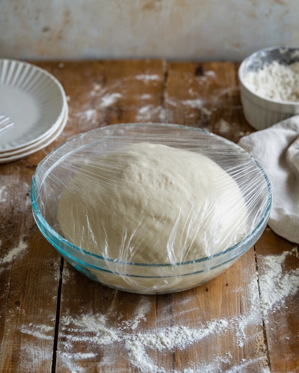 A clear glass bowl holds a large, smooth, off-white dough ball with a soft, slightly textured surface. The bowl is partly covered by a loose, transparent plastic wrap hanging over the edges. Around the bowl, there are scattered white flour patches on a wooden table with a rustic look. In the background, a white marbled texture replaces the original surface, and a white plate with ridged edges along with a small white container filled with flour are partially visible. photo taken with an iphone --ar 4:5 --v 7