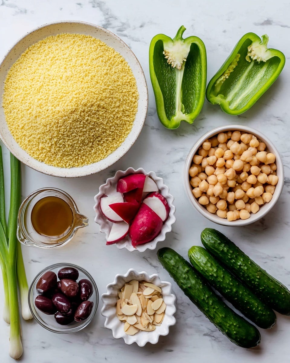 The image shows several ingredients placed on a white marbled surface. There is one large white bowl filled with yellow couscous on the left. Next to it is a round white plate holding two green bell pepper halves, laying open side up. On the right side, a medium white bowl is filled with light brown chickpeas. Below the chickpeas, three whole dark green cucumbers are laid sideways. A small white bowl contains sliced dark purple olives, and beside it, a square white bowl holds red radish pieces with white inside. In the bottom center, a small scalloped white dish holds slivered almonds. On the left bottom corner, a clear measuring cup holds a brownish liquid, likely dressing. Finally, three long green onion stalks lie diagonally near the cucumbers. The photo taken with an iphone --ar 4:5 --v 7