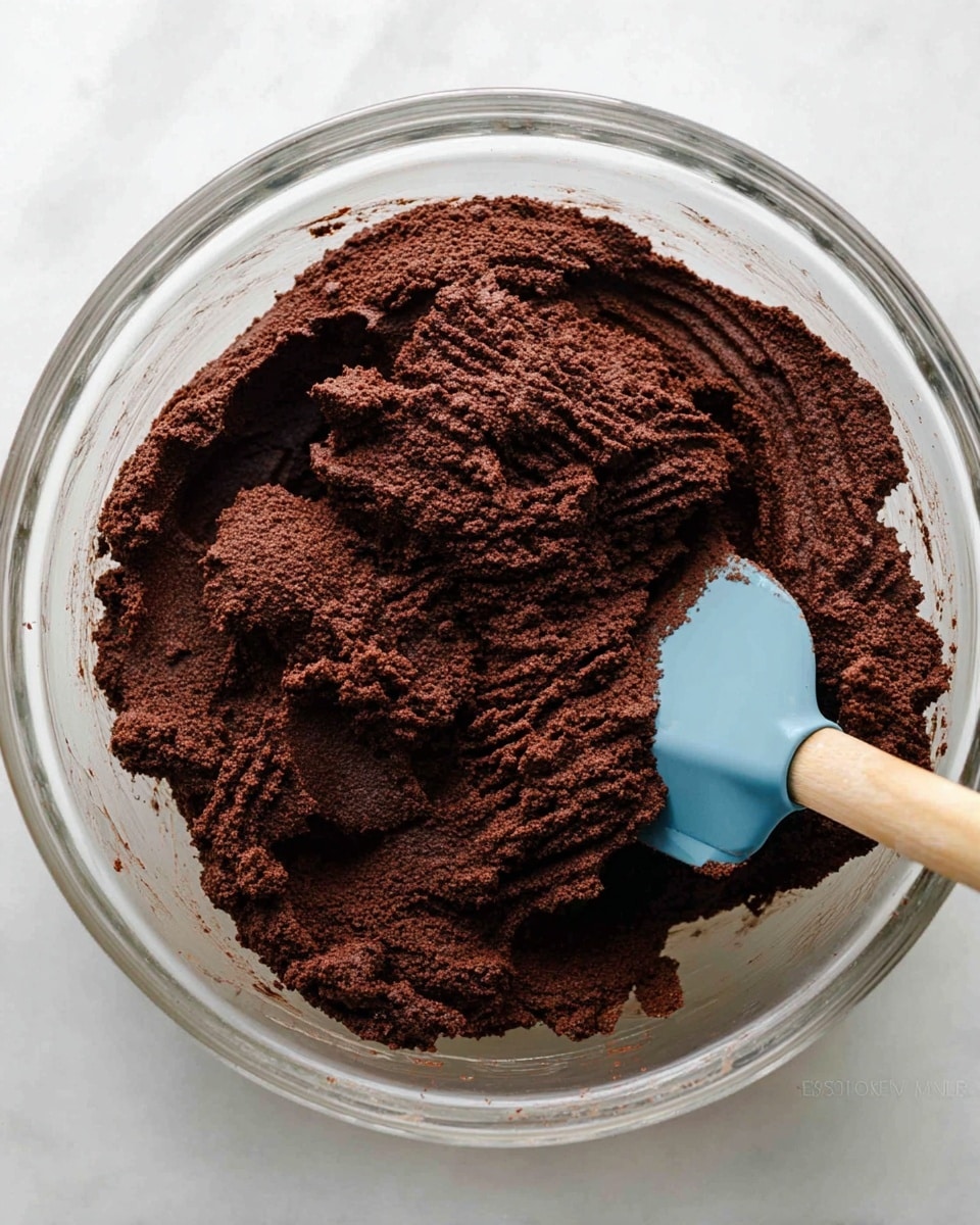 A close-up image of a large clear glass bowl filled with a thick, dark brown chocolate dough that has a smooth but slightly rough texture. The dough is shaped into a mound with visible ridges and small clumps from stirring. On the right side, a blue silicone spatula with a wooden handle is partially buried in the dough, showing the dough's stickiness and density. The bowl is placed on a white marbled surface with soft lighting highlighting the deep color and texture of the dough. photo taken with an iphone --ar 4:5 --v 7
