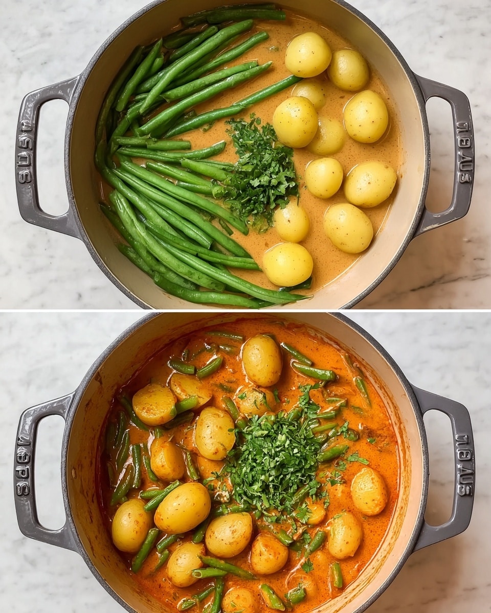 Two images show a cooking pot on a white marbled surface with a stew in different stages. In the top image, the pot has a creamy light brown sauce filling the bottom layer, with fresh green beans placed on the left side and halved small yellow potatoes piled on the right side. The pot is gray with dark handles and the brand name