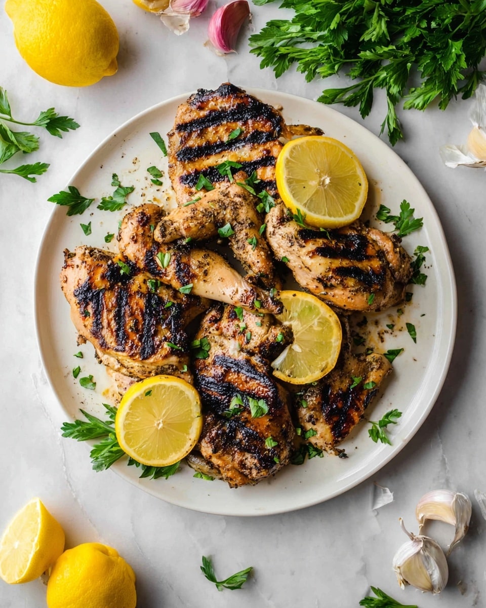 A white round plate sits on a white marbled surface, filled with several grilled chicken pieces showing dark char marks in stripes and patches, glistening with seasoning. The chicken pieces vary in size and shape, including wing and leg sections stacked naturally across the plate. Bright yellow lemon wedges, some halved, are placed on top and around the chicken, adding a fresh color contrast. Fresh green parsley leaves are scattered generously both on the chicken and around the plate. In the background, whole lemons, loose parsley leaves, and garlic bulbs rest casually on the white marbled surface. photo taken with an iphone --ar 4:5 --v 7