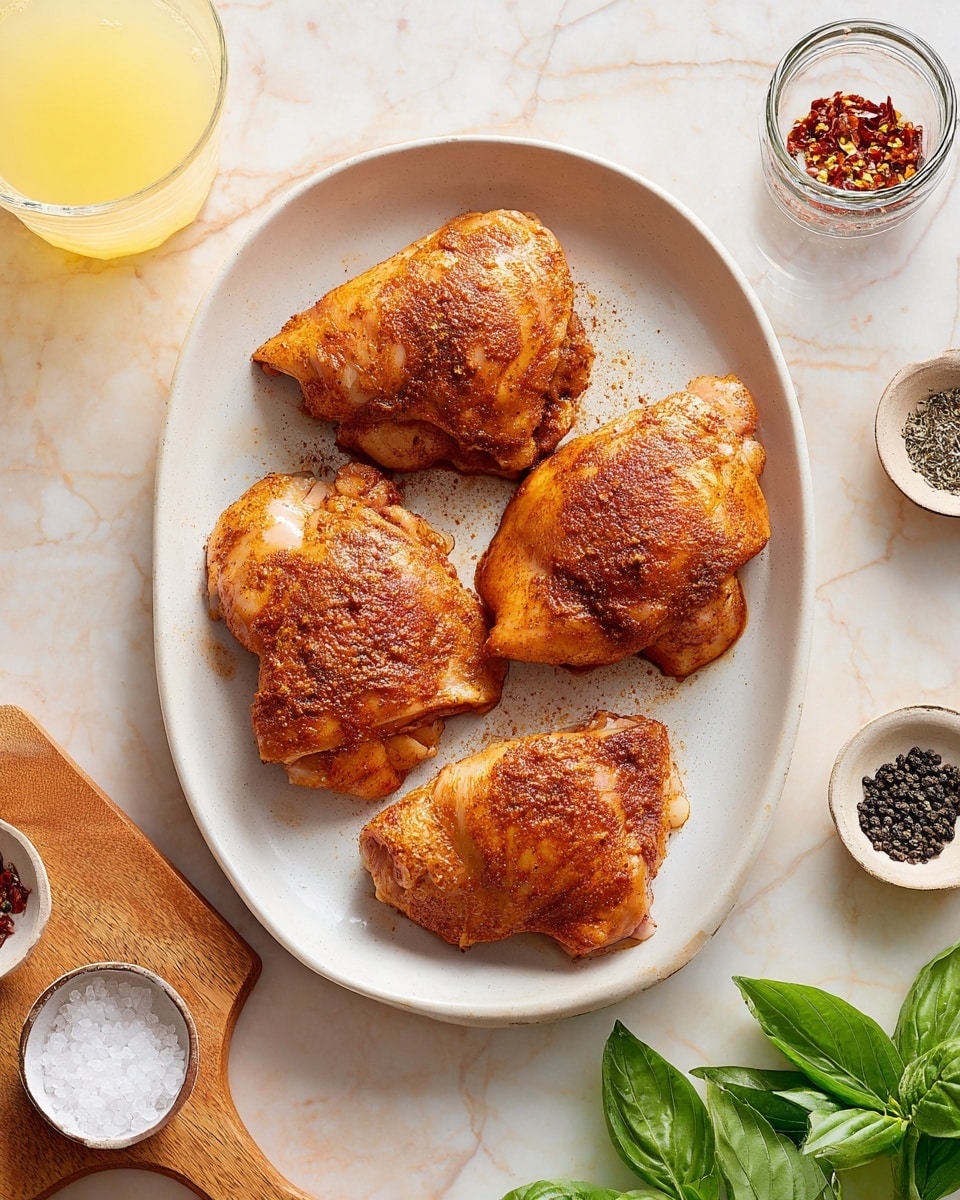 The image shows four pieces of raw chicken thighs placed on a white oval plate. Each piece is coated with a reddish-brown seasoning, giving them a slightly textured and spiced appearance. The plate sits on a surface with a white marbled texture. Around the plate, there are small white bowls with black pepper and other spices, a wooden board with fresh green basil leaves, a glass container with red chili flakes, and a small bowl with coarse salt. A glass of light yellow juice is partially visible in the top left corner. The scene is bright and clean, with natural lighting. photo taken with an iphone --ar 4:5 --v 7