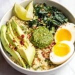 Savory Quinoa Breakfast Bowl with Kale, Avocado, Eggs, and Pesto Recipe
