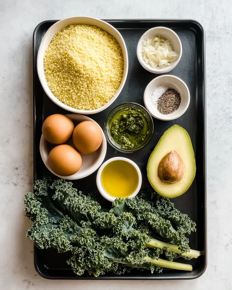 The image shows a black tray with several small white bowls and fresh ingredients neatly arranged on a white marbled surface. In the top left is a white bowl filled with light yellow, fluffy couscous. Below it, another white bowl holds three brown eggs. To the right of the eggs is a small bowl with golden olive oil, and next to it is a small bowl with a green herb sauce. Above the herb sauce is a small glass container filled with minced garlic. Next to that is a white bowl containing a mix of salt and pepper. On the right side of the tray, there are two large green kale leaves, and beside the kale is a halved avocado showing its green flesh and large brown seed. The arrangement is clean and organized, with a fresh look, photo taken with an iphone --ar 4:5 --v 7