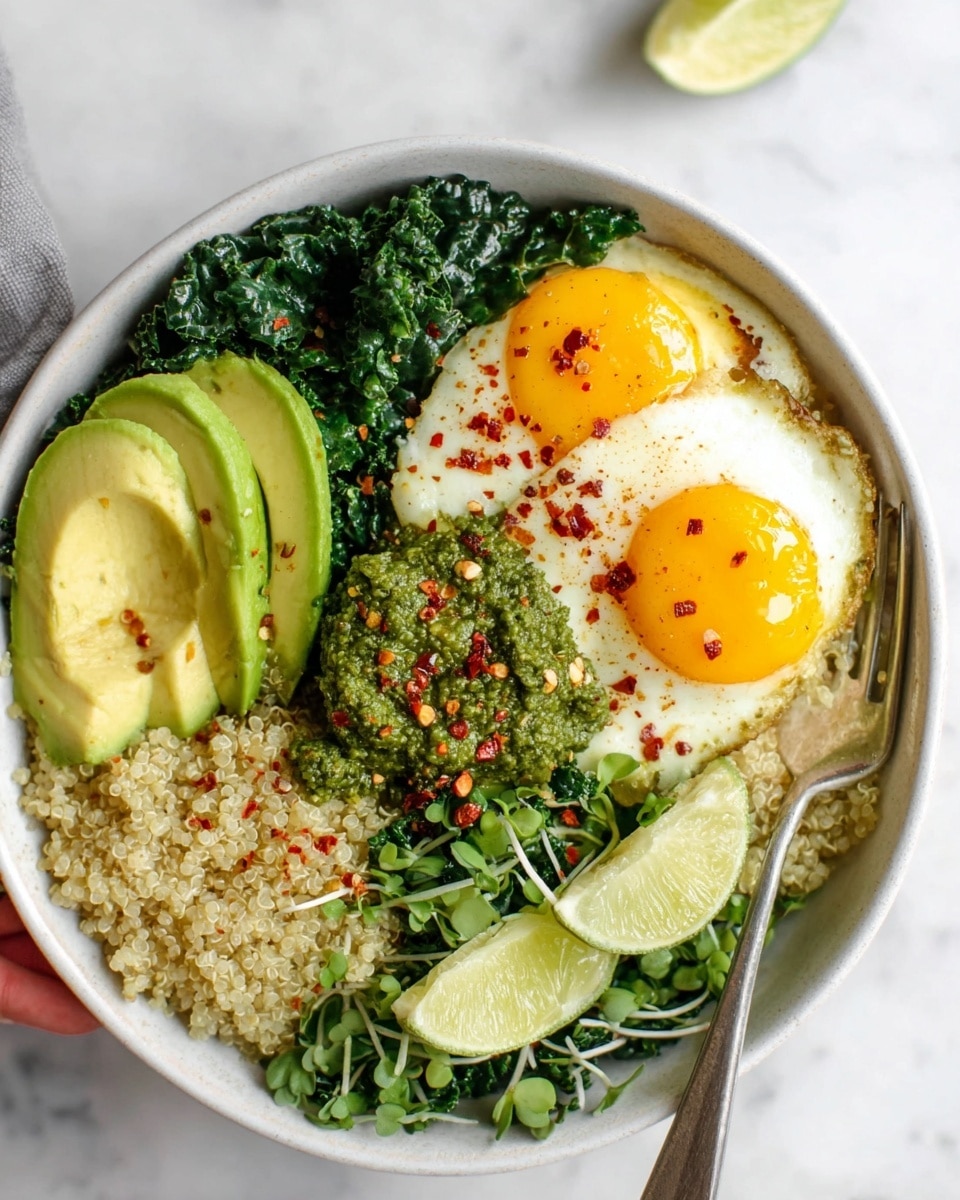 A white bowl on a white marbled surface holds a colorful layered dish. At the bottom, there is a bed of light beige quinoa with a fluffy texture. On one side, bright green kale leaves with a slightly wilted look fill part of the bowl. Next to the kale are three ripe avocado slices, showing smooth pale green flesh with sprinkled red chili flakes and small seeds on top. In the center, a dollop of chunky green pesto sauce is placed, topped with tiny red flakes and green sprouts. On top of the quinoa, two sunny-side-up eggs with bright yellow yolks and white edges are sprinkled with red chili flakes. Two lime wedges with a vibrant green color rest on the kale near the front of the bowl. A woman's hand holds a fork on the right side near the bowl. photo taken with an iphone --ar 4:5 --v 7