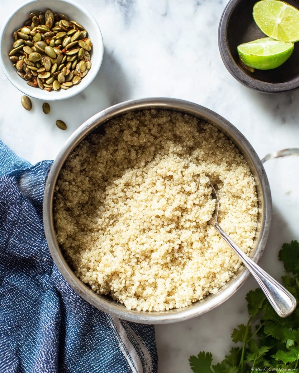 A metal pot is filled with light, fluffy quinoa, showing individual small grains in a creamy off-white color, with a silver spoon resting inside the pot. To the upper left, there is a small white bowl holding toasted green pumpkin seeds with a slightly browned texture. Next to it is a dark bowl with two lime halves, one facing upward showing the pale green interior, and the other sideways with bright green skin. A blue-striped cloth is draped on the left side of the white marbled surface, and fresh green cilantro leaves are partially visible on the lower right corner. photo taken with an iphone --ar 4:5 --v 7