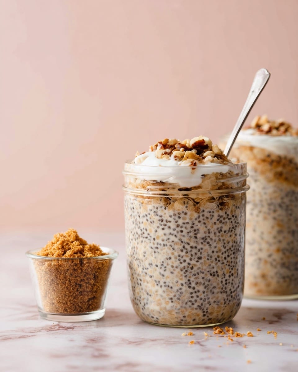 The image shows a clear glass jar filled with three visible layers: the bottom layer is a creamy mixture with small black chia seeds evenly spread throughout, the middle layer includes visible bits of oats mixed into the creamy chia seed base, and the top layer features a dollop of white yogurt topped with sprinkled light brown crumbs and small pieces of nuts, giving a crunchy texture. To the left of the jar, there is a small clear glass cup filled with a mound of light brown crumbs. A thin metal spoon sticks out of the jar, all placed on a white marbled surface with a pale pink background. Another jar filled with the same mixture is slightly blurred in the background. Photo taken with an iphone --ar 4:5 --v 7