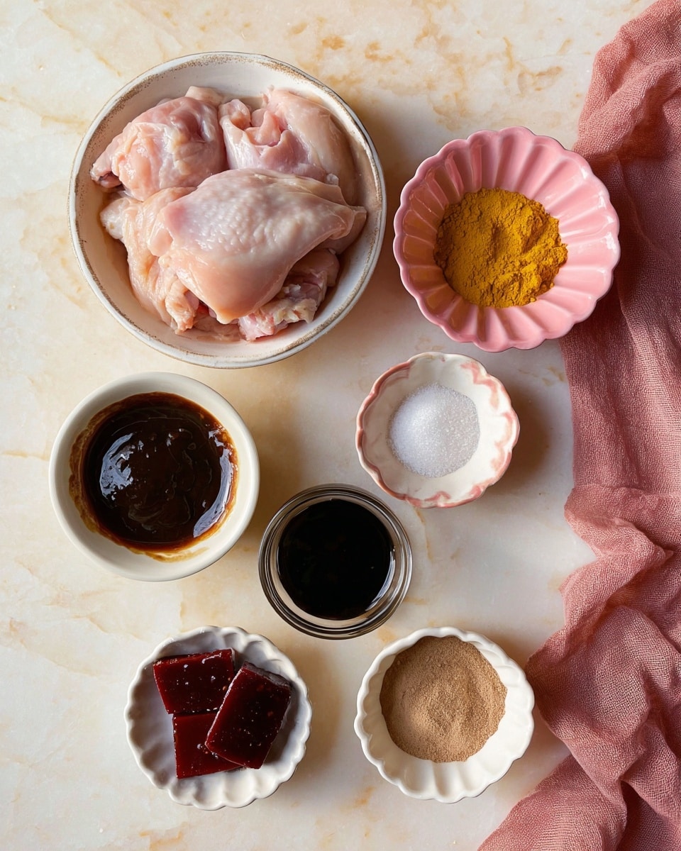 A top view of several small white bowls arranged on a white marbled surface. The largest bowl near the top left holds raw chicken thighs with light pink and beige tones, showing smooth, slightly shiny skin. Around it are six smaller bowls with different ingredients: a bright yellow powder in a pink fluted bowl at the top right; a thick, glossy dark brown sauce in a white bowl below it; a white granular substance in a small pink bowl below the yellow powder; a rich, shiny dark soy sauce in a small white fluted bowl to the left of the pink bowl; two dark red sauce-covered blocks in a white fluted bowl near the bottom center; and a pile of light brown powder in another white fluted bowl to the right of the red sauce. A dusty rose-colored cloth lies on the bottom right corner of the surface. photo taken with an iphone --ar 4:5 --v 7
