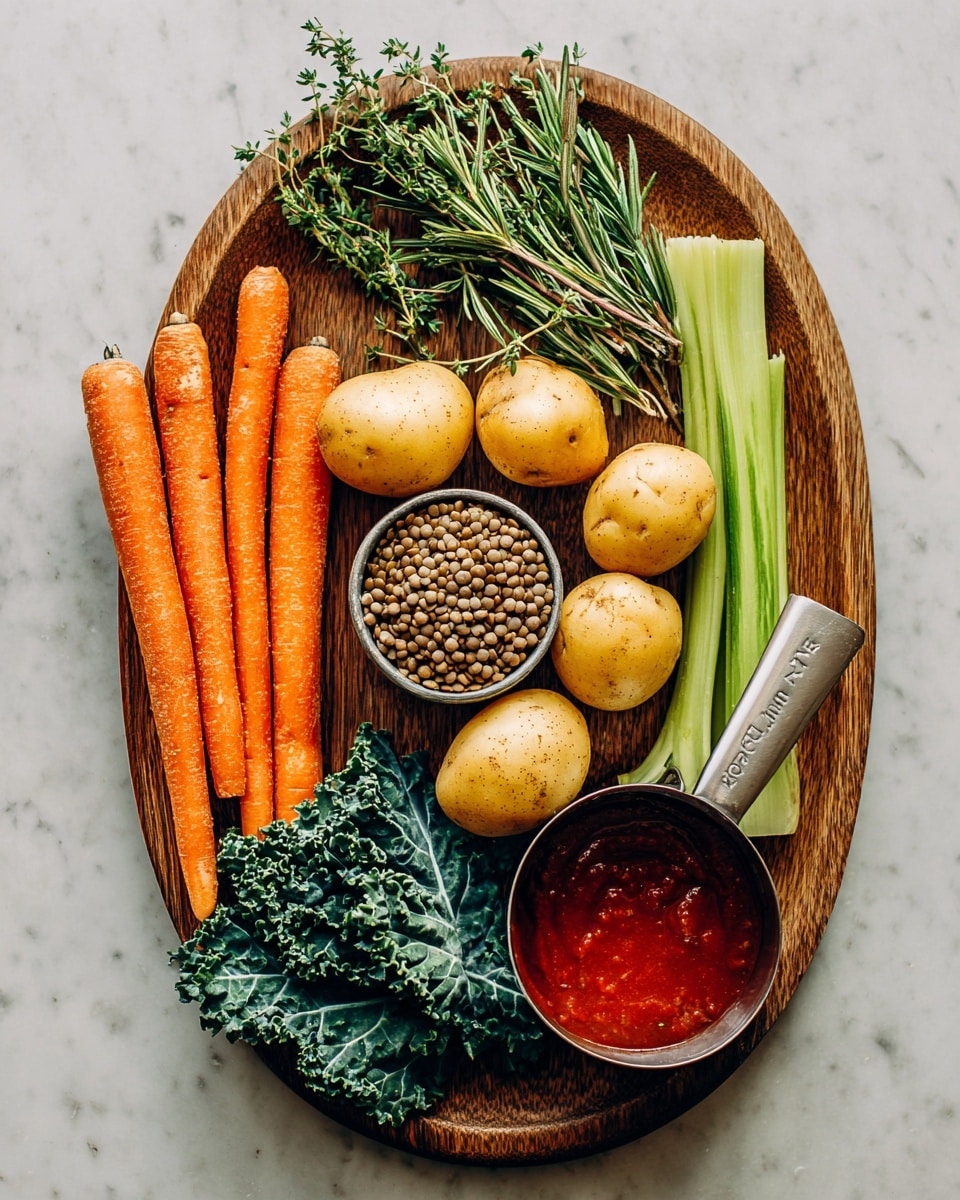 A wooden plate holds fresh vegetables and ingredients on a white marbled surface; the plate contains four whole yellow potatoes near the center, a small round metal container filled with brown lentils sitting on top of the potatoes, three long orange carrots with rough skin on the left side, and bunches of dark green curly kale at the bottom and right edges. Two long green celery stalks with leafy tops rest on the right side, and near the bottom right is a metal measuring cup filled with dark red tomato sauce. Small herb sprigs with green leaves, including rosemary and thyme, are spread toward the upper left side of the plate. The image is bright and clear with natural light. photo taken with an iphone --ar 4:5 --v 7