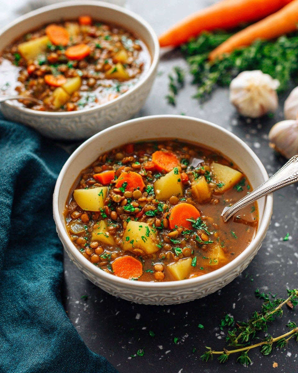 Two bowls of lentil vegetable soup sit on a dark table over a white marbled texture with a blue cloth underneath. Each bowl is filled with a rich brown broth which contains layers of orange carrot slices, light yellow potato chunks, green herbs, and lentils throughout. The bowls are white with an embossed detail near the rim. In the background, there are fresh carrots, herbs, and garlic on the white marbled surface, adding a fresh touch. Each bowl has a silver spoon standing inside with the handle visible. photo taken with an iphone --ar 4:5 --v 7