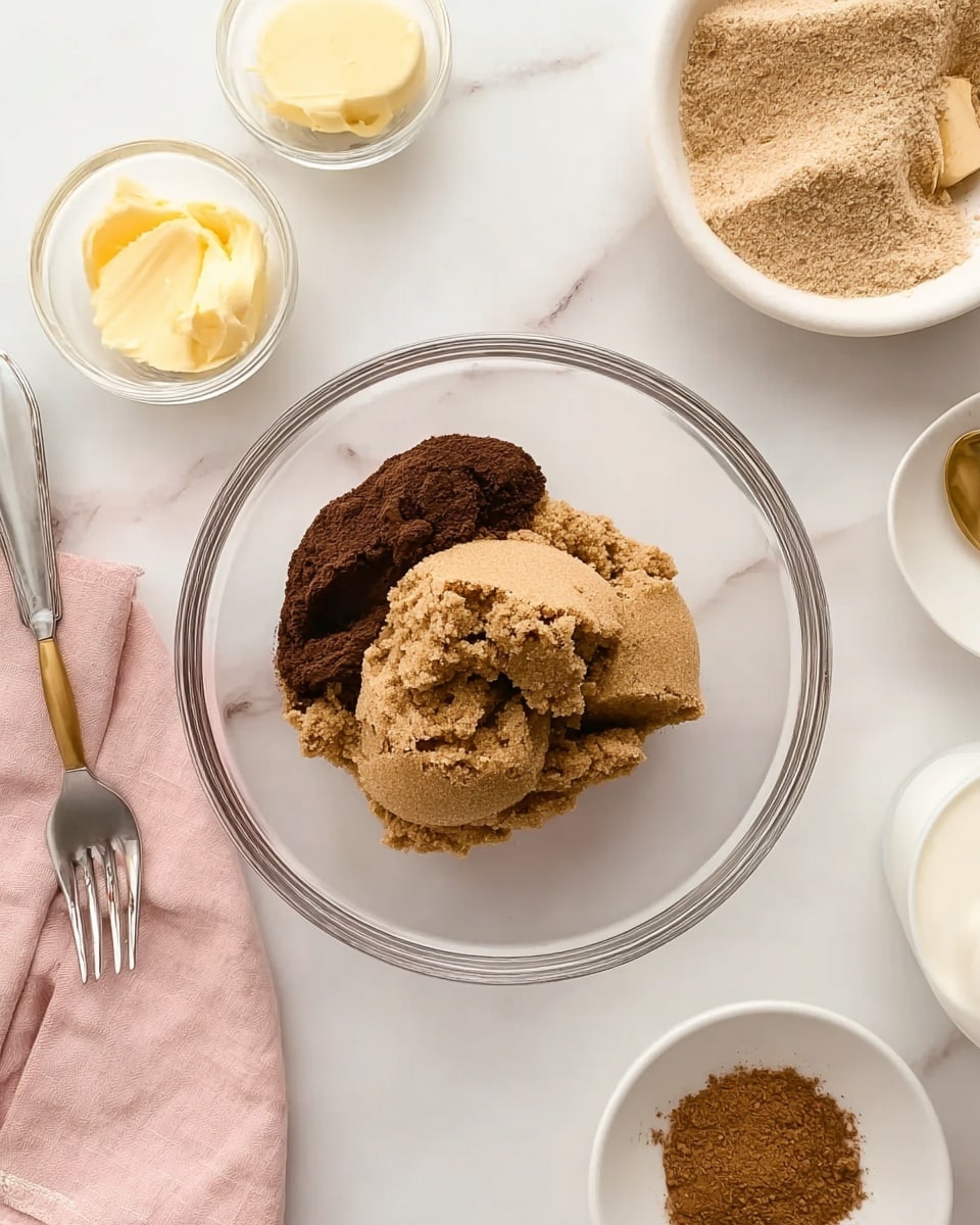 The image shows a clear glass bowl in the center on a white marbled surface, holding a large scoop of soft brown sugar and a small pile of dark brown cocoa powder side by side, both with grainy texture. Above it, slightly to the left, is a smaller clear glass bowl with a dollop of creamy yellow butter. To the right, there is a white bowl filled with a light brown powdery mix and a small gold spoon resting inside. Below this is a white small plate with a mound of cinnamon powder. At the bottom right, part of a glass of white liquid is visible. On the left side of the image, a silver fork lies next to a soft pink cloth napkin. photo taken with an iphone --ar 4:5 --v 7