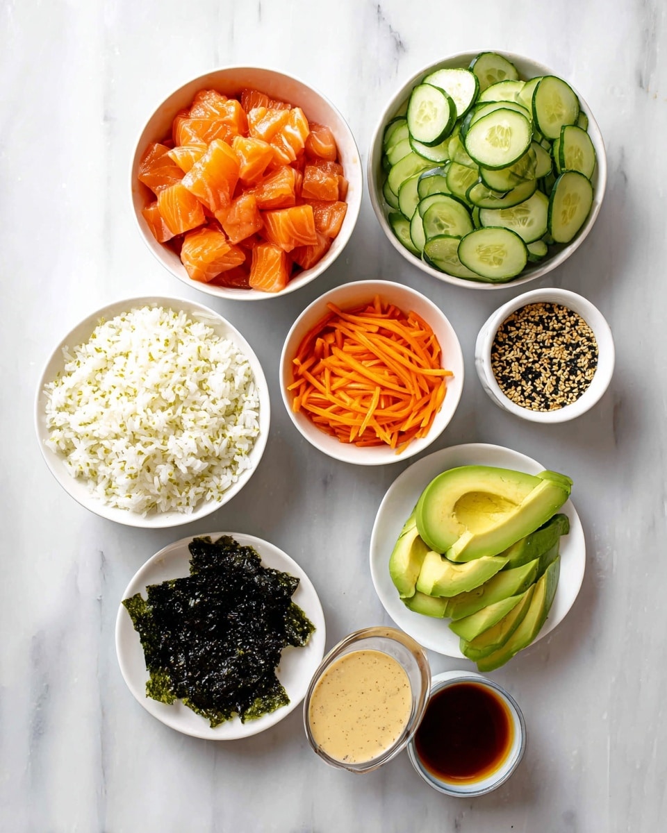 A top-down view of several white bowls arranged neatly on a white marbled surface, each filled with different poke bowl ingredients: one bowl holds white rice with a fluffy texture, another has bright orange cubes of raw salmon, a third contains thinly sliced green cucumbers and julienned carrots side by side, a small plate shows neatly fanned slices of green avocado, and two smaller bowls hold dark green sheets of seaweed and mixed sesame seeds with seaweed. Additionally, there are three sauce bowls one with a light tan creamy sauce, another with a dark soy-based sauce speckled with garlic and spices, and a smaller one containing a brown liquid, likely a type of dressing. photo taken with an iphone --ar 4:5 --v 7