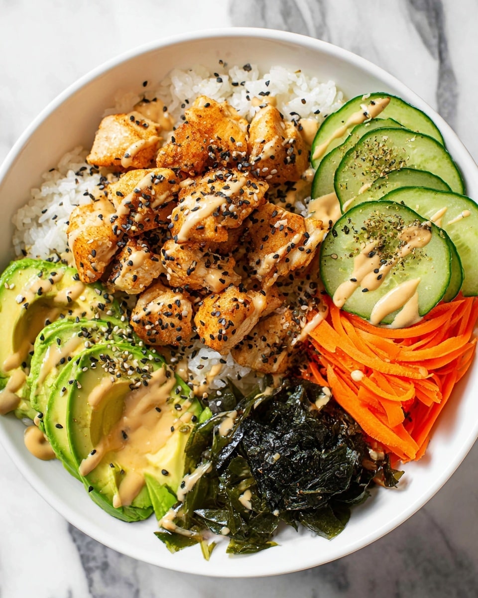 A white bowl sits on a white marbled surface filled with several colorful layers. The bottom layer is white rice that covers the entire bowl. On top of the rice, there are golden-brown cooked chicken chunks piled in the center, sprinkled with black and white sesame seeds. To the right, bright green cucumber slices are fan-arranged with some black seasoning on top. Next to the cucumbers are thin, orange carrot strips. At the bottom left, there are smooth, green avocado slices drizzled with a light tan sauce. Dark green, slightly shiny seaweed pieces are placed near the carrots. The whole dish is dressed with a creamy, light tan sauce spread lightly over the chicken and avocado. photo taken with an iphone --ar 4:5 --v 7