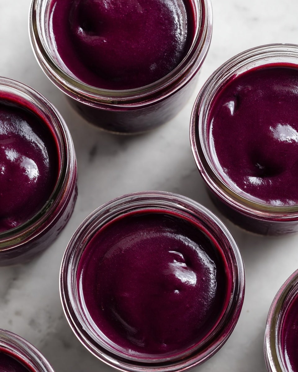 The image shows five clear glass jars filled with a thick, smooth dark purple liquid. The jars are placed closely together on a white marbled surface. The purple liquid fills each jar almost to the top, showing a shiny texture with slight dimples and swirls on the surface. The jars' rims are clean and reflective, and the deep purple color contrasts strongly with the light background. photo taken with an iphone --ar 4:5 --v 7
