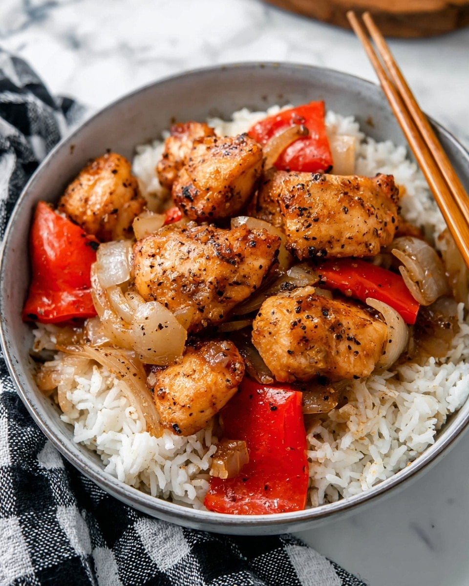 A white bowl is filled with a base layer of white cooked rice. On top, there are several pieces of glossy, golden-brown chicken with a slightly sticky texture, mixed with large chunks of red bell pepper and translucent cooked onion pieces. The chicken and vegetables are speckled with black pepper, adding a textured look. The bowl rests on a white marbled surface with a wooden chopstick placed on the right side of the bowl and a black and white checkered cloth nearby. photo taken with an iphone --ar 4:5 --v 7