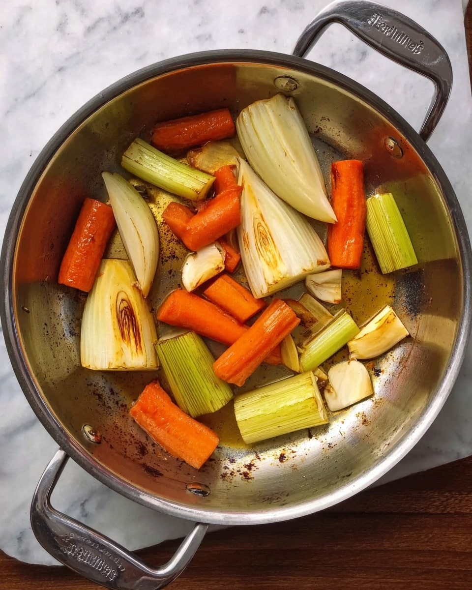 A silver pan contains several roasted vegetable pieces, including four pale yellow onion wedges with slight browning, several orange carrot chunks, light green celery sticks, and a few small garlic cloves scattered around. The vegetables are arranged loosely across the pan's surface, which shows some caramelized spots from roasting. The pan rests on a white marbled surface. photo taken with an iphone --ar 4:5 --v 7