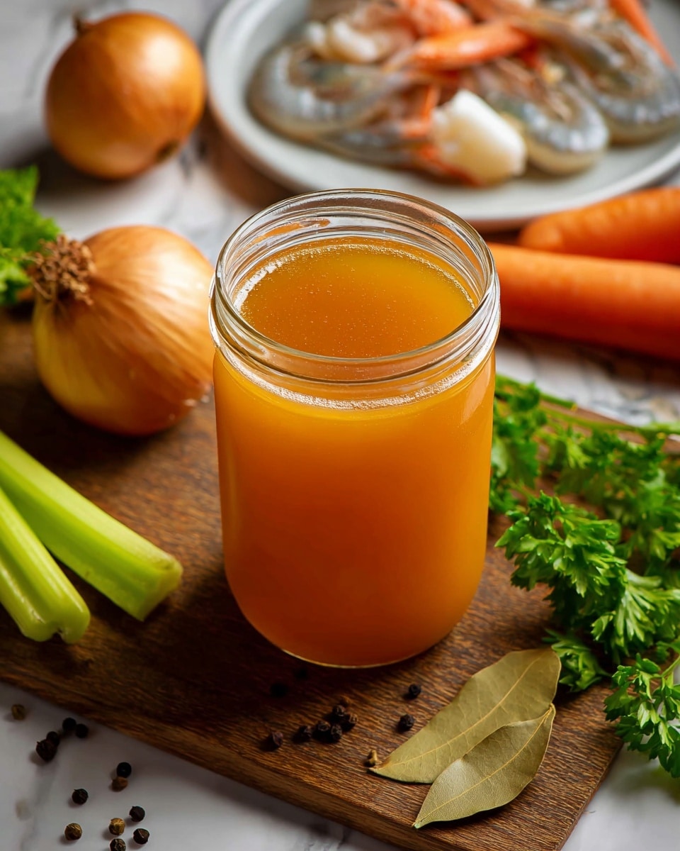 The image shows a clear glass jar filled with bright orange broth, smooth and shiny on top. Around the jar, there are raw ingredients placed on a wooden surface including a whole onion, celery stalk, carrot, some green parsley leaves, a few dried bay leaves, and scattered black peppercorns. In the background, a white plate holds raw crab pieces and shrimp with shells. The scene is set on a white marbled texture. photo taken with an iphone --ar 4:5 --v 7