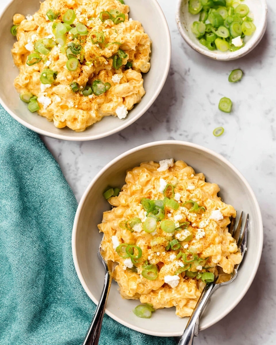 Two white bowls filled with creamy orange macaroni and cheese sit on a white marbled surface. Each bowl shows a smooth, cheesy pasta layer mixed with bits of green onions scattered on top, adding bright green spots. Small white chunks of cheese are sprinkled over the macaroni, enhancing texture and color contrast. A silver fork rests on the macaroni in the front bowl, its handle extending out of the bowl to the bottom edge of the image. Near the bowls, a smaller white bowl holds fresh green onion rings. A teal cloth lies to the side, adding a soft touch to the setting. photo taken with an iphone --ar 4:5 --v 7