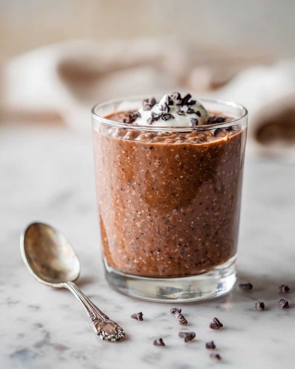 A clear glass filled with a single thick layer of chocolate oatmeal, displaying small visible oats and chocolate bits throughout the brown mixture. On top, there is a small dollop of white cream with scattered dark chocolate pieces. The glass sits on a white marbled surface, with cocoa nibs scattered near its base and an ornate silver spoon beside it. The soft, blurred background gives a warm and cozy feel. photo taken with an iphone --ar 4:5 --v 7