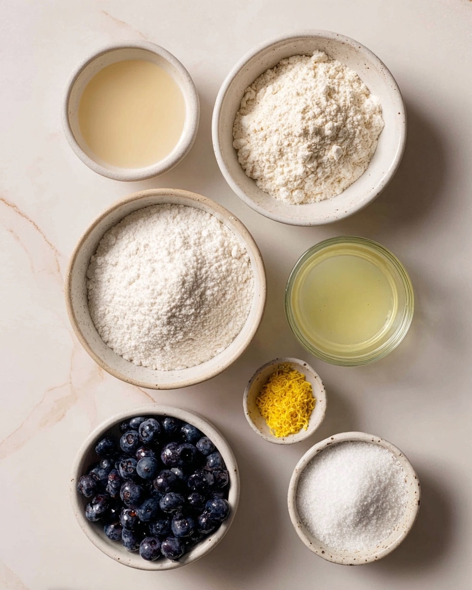 The image shows seven small white bowls arranged on a white marbled surface, each containing different ingredients. Starting from the top right, there is a bowl filled with white flour, next to it on the left side is a bowl with a light beige liquid, below that is a bowl with white granulated sugar. To the right of the sugar bowl is a bowl full of dark blue blueberries, and below the sugar is a small bowl containing a yellow zest. Next to the zest on the right is a small bowl with white powder, and directly above the zest is a clear glass cup filled with a light yellow liquid. The bowls and ingredients all stand out clearly against the light background, with soft, natural lighting enhancing the textures. photo taken with an iphone --ar 4:5 --v 7