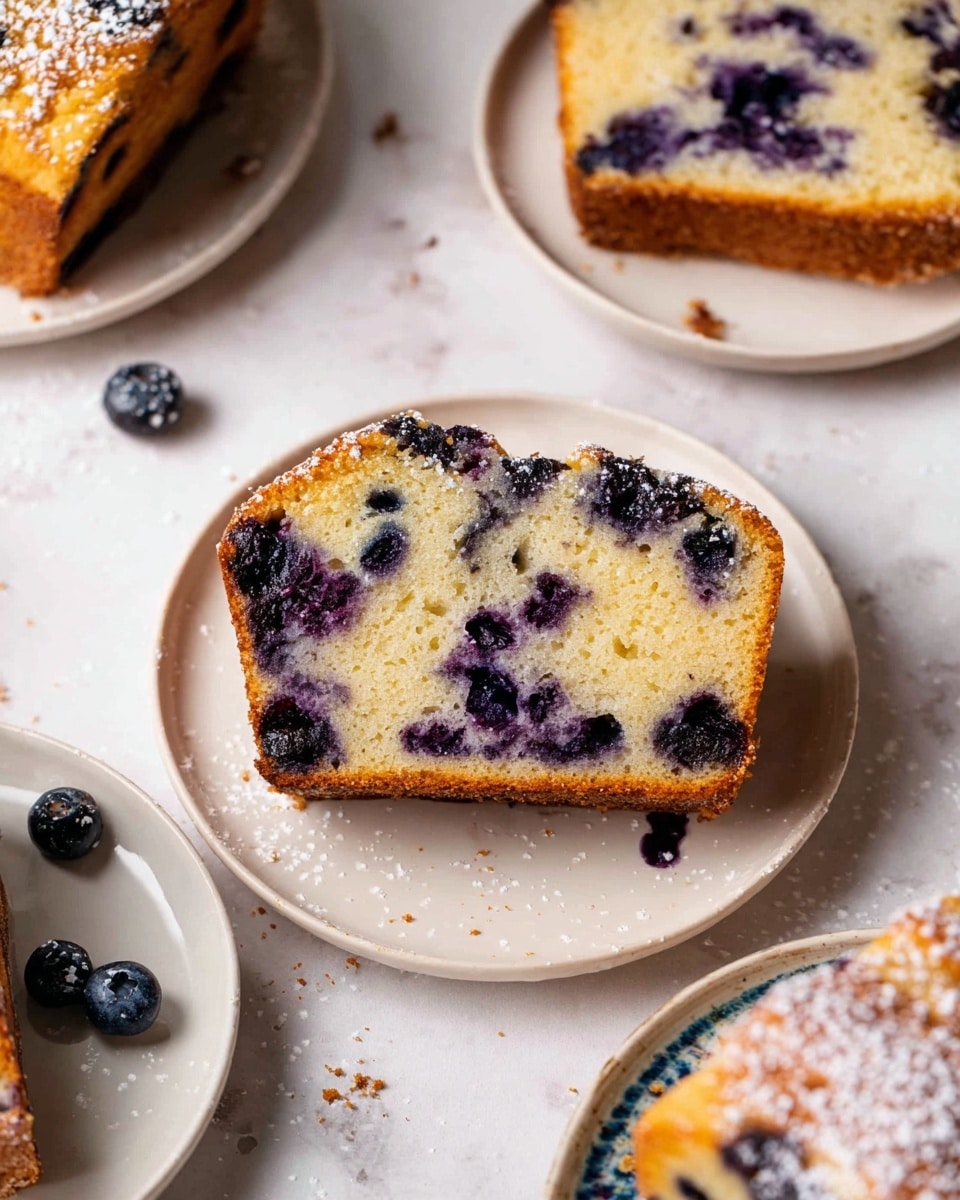 A thick single slice of blueberry loaf cake sits on a plain white round plate, showing its soft light yellow crumb speckled with many dark purple blueberries inside, the edges golden brown and slightly crisp, with a light dusting of white powdered sugar scattered on top and around the plate. Other similar slices and parts of the loaf are partially visible on white plates around it, all on a white marbled surface with some cake crumbs scattered about, giving a cozy and fresh baked feeling. photo taken with an iphone --ar 4:5 --v 7