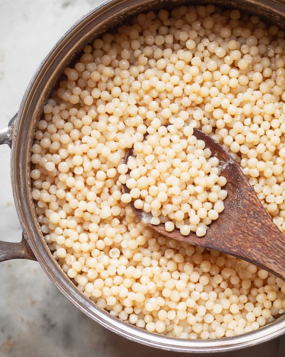 The image shows a close-up of small round pasta pearls, light beige in color with a slightly shiny texture, filling a shiny metal pot. A wooden spoon with a smooth surface is resting inside the pot, scooping some pasta pearls on its curved side. The background is a white marbled texture. photo taken with an iphone --ar 4:5 --v 7
