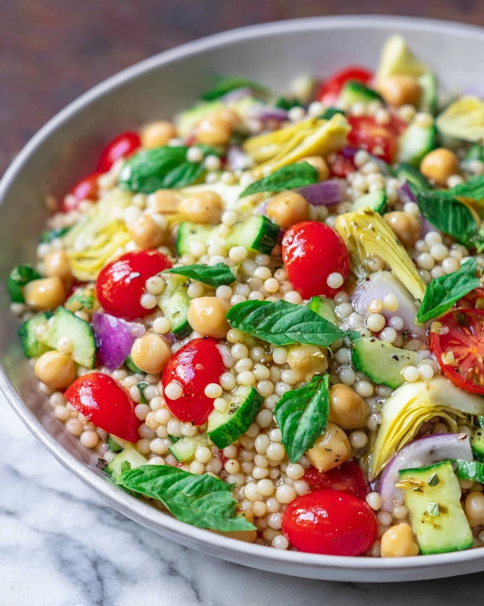 A close-up of a salad served in a white bowl showing multiple layers and colors: the base layer is small, round, light beige pearl couscous mixed with pale yellow chickpeas; scattered on top are bright red cherry tomato halves, small chopped green cucumber pieces, and bits of purple onion; there are fresh green basil leaves and pale yellow artichoke hearts distributed throughout, adding texture and color contrast. The salad is fresh and vibrant with a mix of smooth and slightly rough textures, all on a white marbled surface. Photo taken with an iphone --ar 4:5 --v 7
