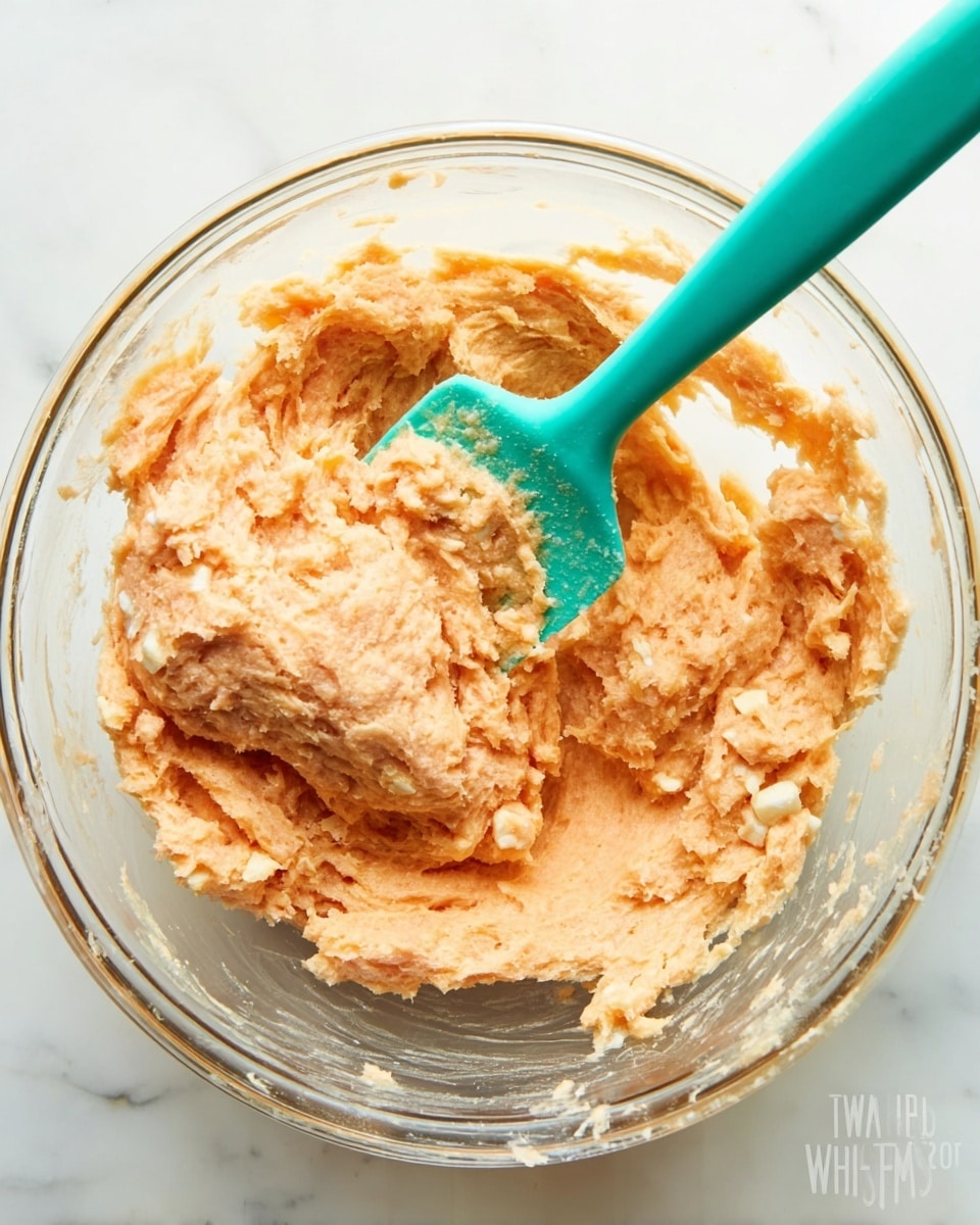 A clear glass bowl holds a light orange mixture with visible small white pieces throughout, showing a thick and soft texture. A teal spatula rests in the mix, slightly lifting some of it, with small bits sticking to the spatula surface. The bowl sits on a white marbled surface, and the scene is lit softly from above, highlighting the smooth and rough patches of the mixture. Photo taken with an iphone --ar 4:5 --v 7