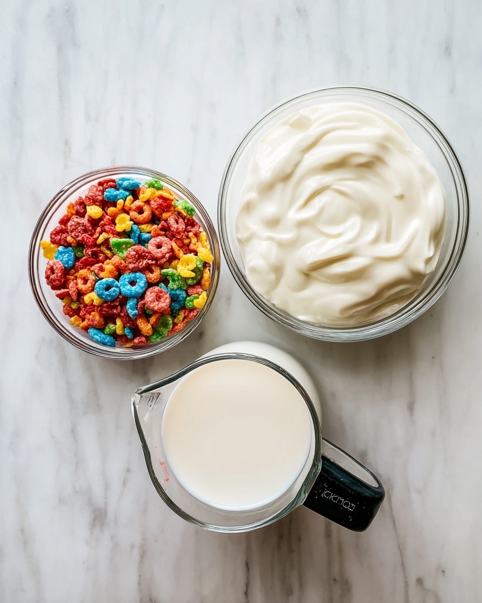 The image shows three clear glass containers on a white marbled surface. The first container is a small bowl filled with colorful cereal pieces in red, orange, yellow, green, blue, and brown, each piece having a rough textured surface. The second container is a slightly larger bowl filled with smooth, creamy white yogurt, appearing thick and swirled slightly on the surface. The third container is a clear measuring cup with a black handle, filled partially with white milk. The colors are bright and the setting is clean and simple with a top-down view. photo taken with an iphone --ar 4:5 --v 7