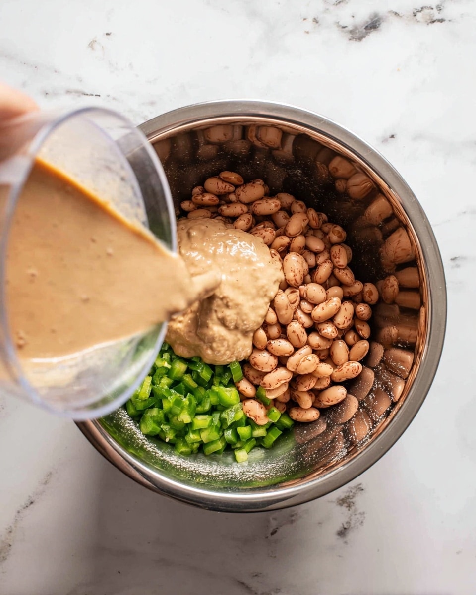 A metal bowl sits on a white marbled surface holding three layers of ingredients about to be mixed: at the bottom there are chopped green chili peppers, above them a pile of brown beans, and a light brown sauce with a creamy texture being poured over the beans from a clear container held by a woman's hand. The bowl is shiny inside, reflecting the ingredients. photo taken with an iphone --ar 4:5 --v 7