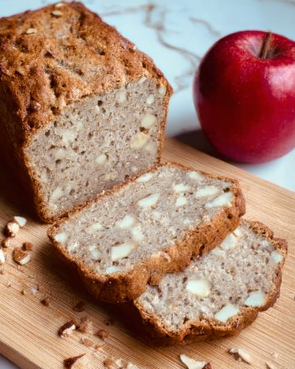 The image shows a loaf of bread with a light brown crust and a dense inside filled with small pieces of white nuts. Two slices are cut and placed in front of the loaf, showing the uniform distribution of the nuts. The bread has a soft, moist texture with a slightly rough surface. Next to the bread, there is a red apple with a shiny skin, and they both rest on a wooden board with some crumbs scattered around. The background is a white marbled surface. Photo taken with an iphone --ar 4:5 --v 7