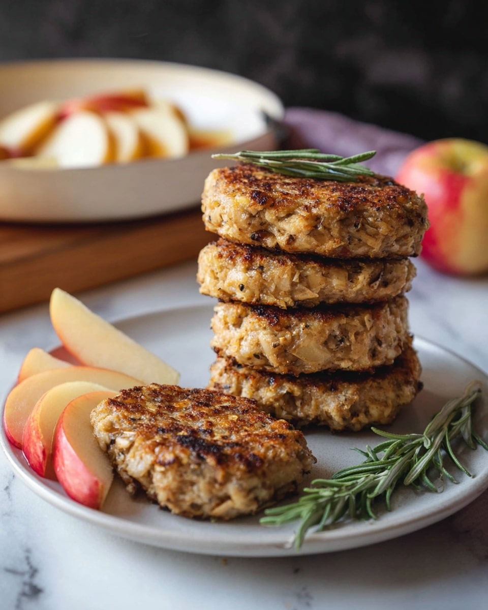 The image shows a stack of four browned patties with a rough texture, sitting on a white plate with a light shine. The patties have a golden and slightly charred surface with visible bits of onion inside. Next to the stack, there is one patty laid flat on the plate topped with a fresh green rosemary sprig. To the left, there are a few thin slices of red and white apple arranged neatly. In the blurred background, there is a white pan with some apple slices inside, placed on a wooden board, all on a white marbled surface. Photo taken with an iphone --ar 4:5 --v 7