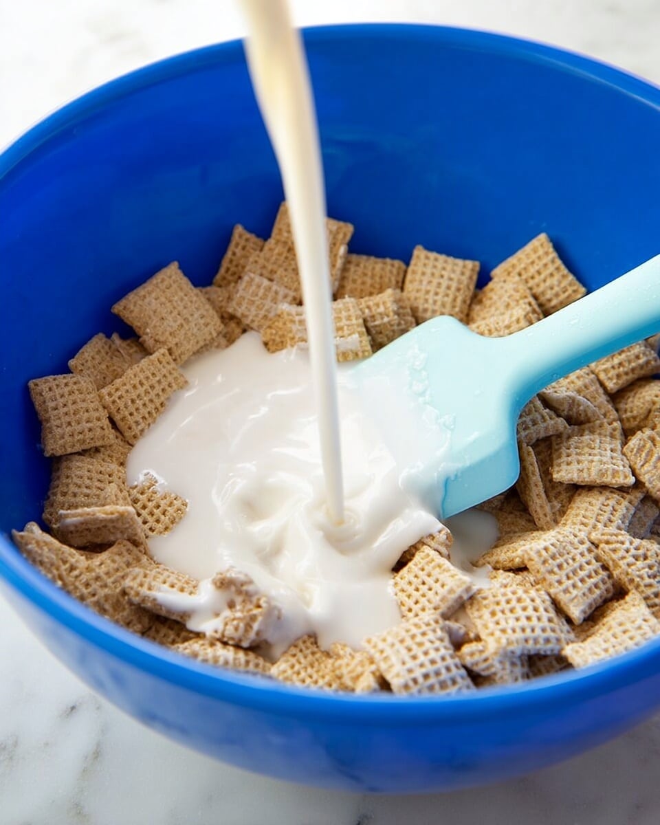 A close-up image shows a white liquid being poured into a blue bowl filled with square, light brown cereal pieces that have a textured, woven pattern. A light blue spatula rests inside the bowl on the right side. The white liquid is thick and creamy, spreading over the cereal layer below. The bowl and its contents sit on a white marbled surface. photo taken with an iphone --ar 4:5 --v 7