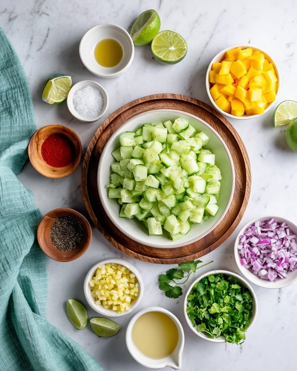 A round wooden tray holds a large white bowl full of diced light green cucumbers at the center. Surrounding the bowl on the tray are small bowls: a brown one with white salt, a wooden one with black pepper, a white one with yellow oil, and a green one with minced pale yellow garlic. Around the tray on a white marbled surface, there are several white bowls with finely chopped dark purple-red onions, bright green cilantro, and vibrant green bell peppers, plus a white cup with diced yellow mango and a white cup with a pale yellow liquid. Two lime wedges and a whole green lime rest nearby, next to a light teal cloth. photo taken with an iphone --ar 4:5 --v 7