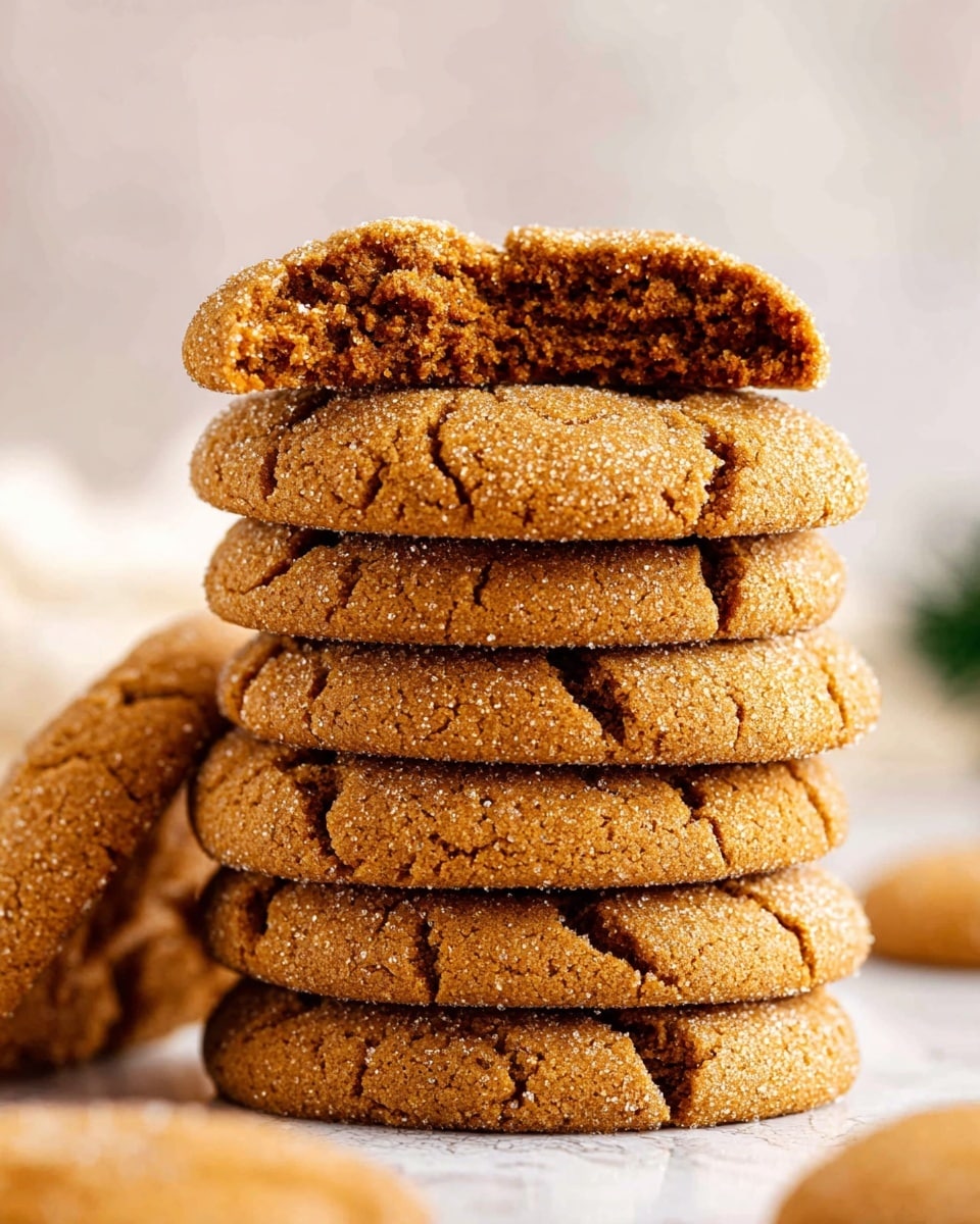 A stack of six round, soft brown cookies sits on a white marbled surface. The cookies have a cracked texture on top with a light sugar coating that sparkles slightly. The top cookie is broken in half and rests open-faced on the second cookie, revealing a moist and chewy inside with a dense, slightly darker brown color. The background is softly blurred and neutral, keeping the focus on the warm, inviting cookies. photo taken with an iphone --ar 4:5 --v 7