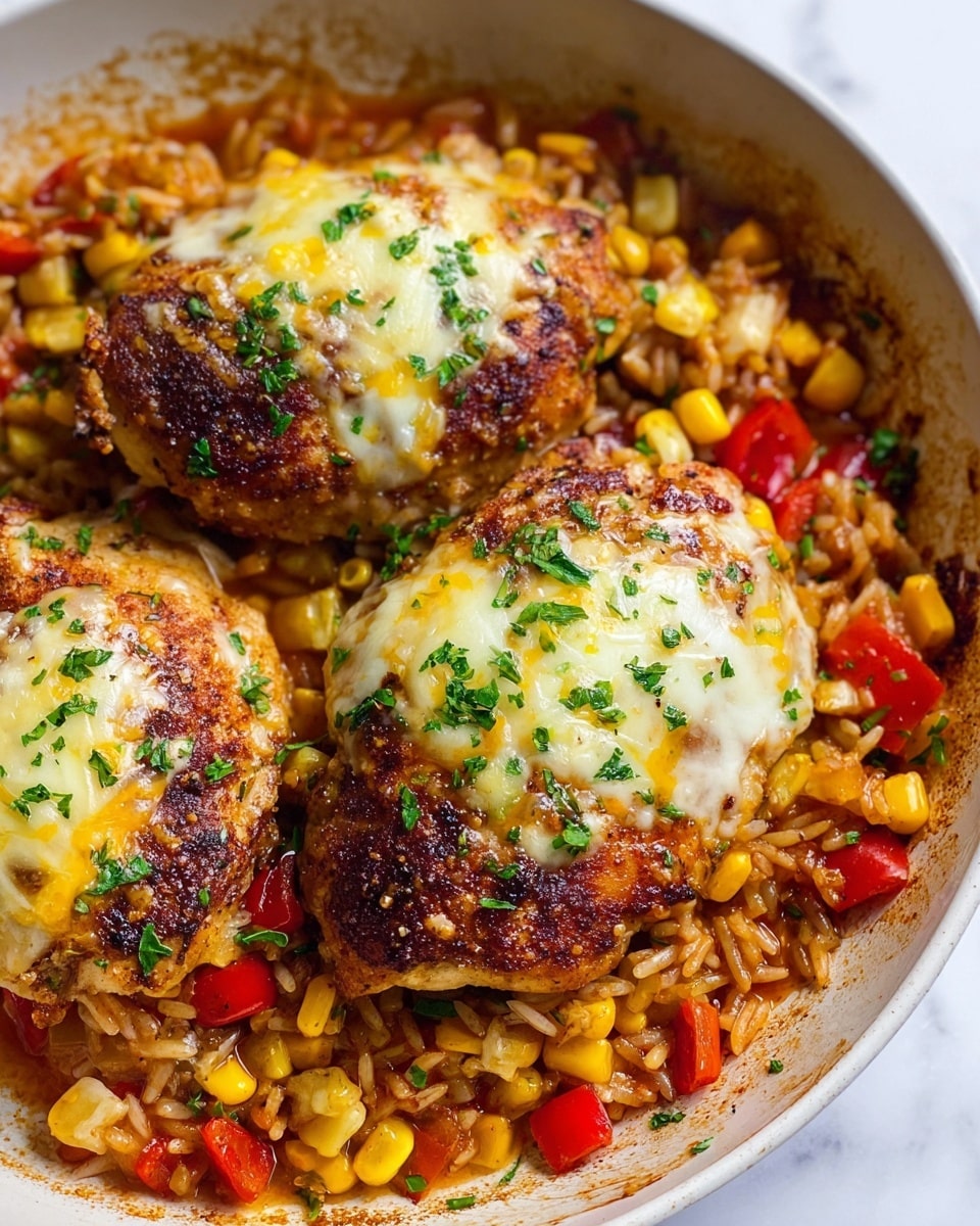 A close-up view of three seasoned and browned chicken pieces placed on a bed of mixed cooked rice, corn, and diced red bell peppers. Each chicken piece has a small layer of melted light yellow cheese on top, sprinkled with fresh green herb bits. The base layer is a reddish, slightly saucy rice and vegetable mix that fills a white bowl with a slightly stained rim, set on a white marbled surface. The image focuses tightly on the food, showing vibrant colors and textures in the warm dish, photo taken with an iphone --ar 4:5 --v 7
