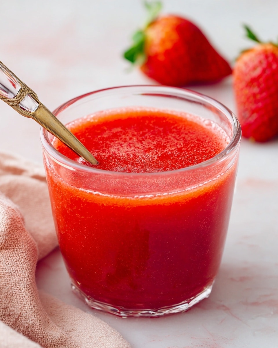 A clear glass filled with one layer of bright red strawberry juice, showing a smooth, slightly textured surface with tiny bubbles on top. A transparent spoon with a golden handle rests inside the glass, partially submerged in the juice. In the background, two whole red strawberries with green leaves sit on a white marbled surface, adding a fresh and colorful touch. At the corner of the image, a beige cloth is partially visible, giving a soft contrast to the white marbled surface photo taken with an iphone --ar 4:5 --v 7