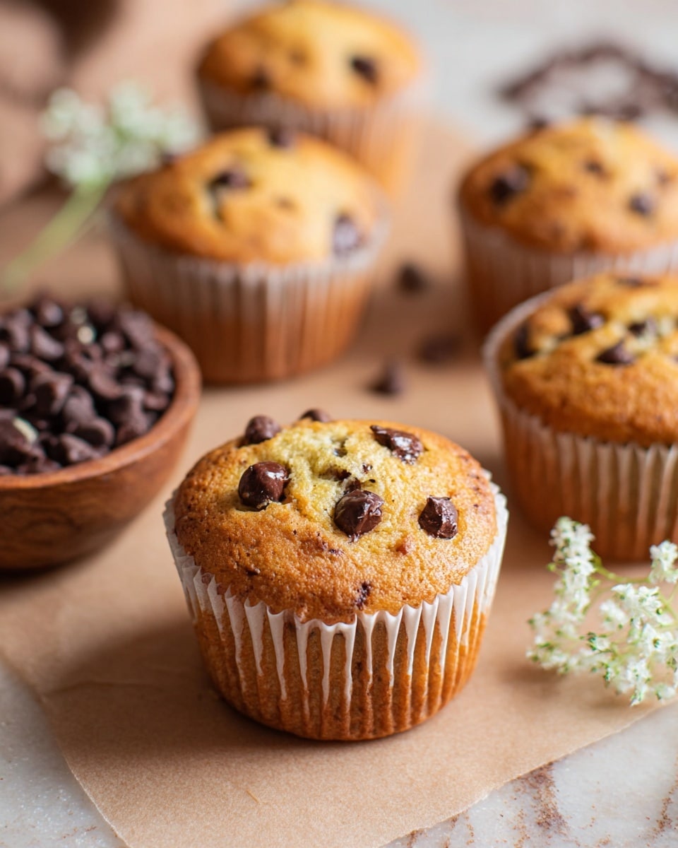 The image shows several golden brown muffins dotted with dark brown chocolate chips on a light brown parchment-like surface with a white marbled texture. Each muffin is in a white paper liner, with a slightly rough texture on top revealing the baked, moist crumb with visible chocolate chips embedded both on the surface and inside. One muffin is in the center in clear focus, with two more muffins partially visible around it. A small round wooden bowl filled with glossy, dark chocolate chips sits in the background, slightly blurred, alongside a small cluster of delicate white flowers. photo taken with an iphone --ar 4:5 --v 7
